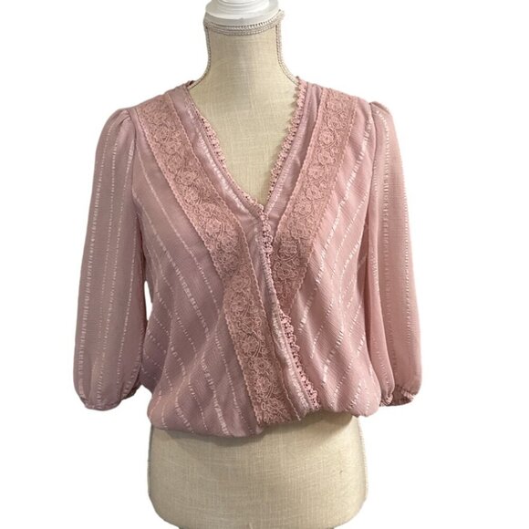 Blue Rain Pink V-Faux Wrap Blouse with Lace Detail in Front. Size Small - Picture 1 of 7